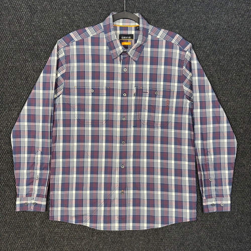 Orvis River Guide Tech Shirt Mens M Blue Red Plaid Active Fit Stretch Outdoor